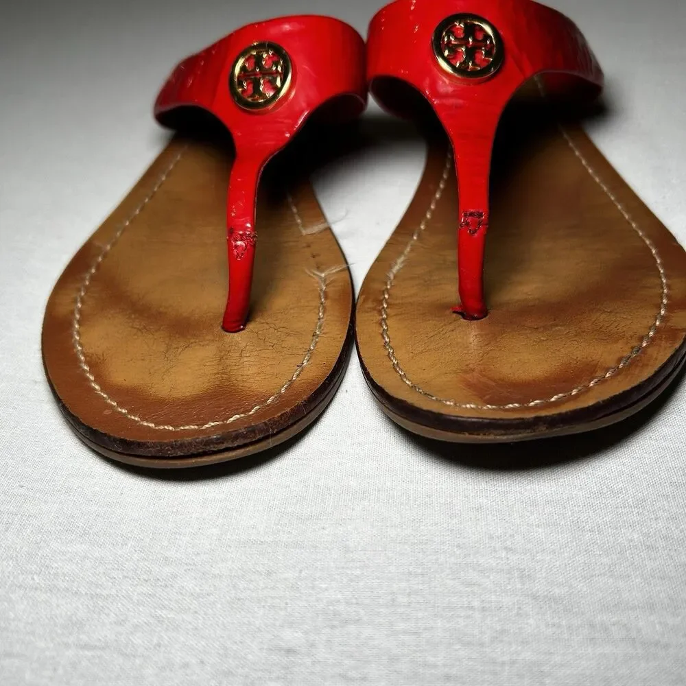 Tory Burch Cameron thong sandals in red patent leather, size 6.5